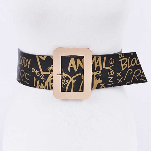 Black Gold Graffiti Printed Fashion Statement Belt - Picture 1 of 4